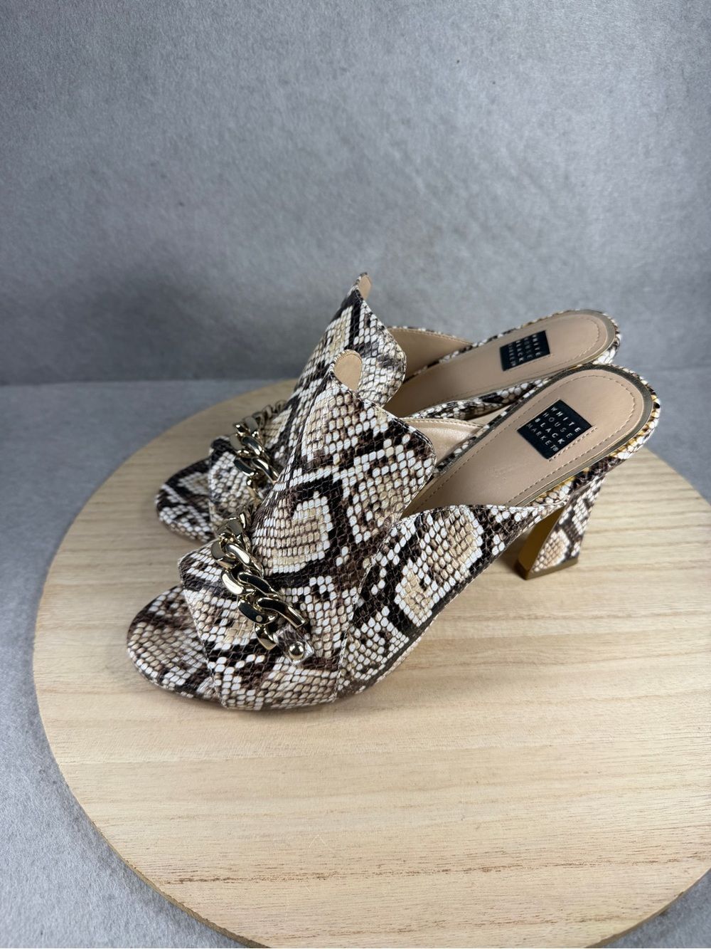 White House Black Market Snakeskin Print Chain Accent Mule Heels Women's Size 10